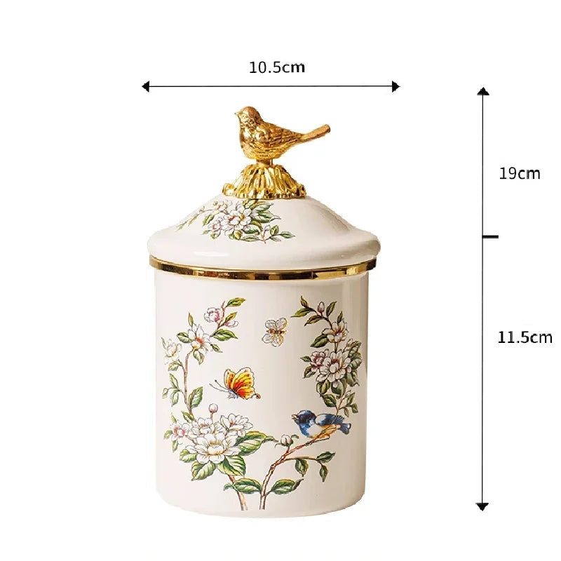 Pote Decorativo – Cerâmica Floral com Tampa Ornamental Dourada