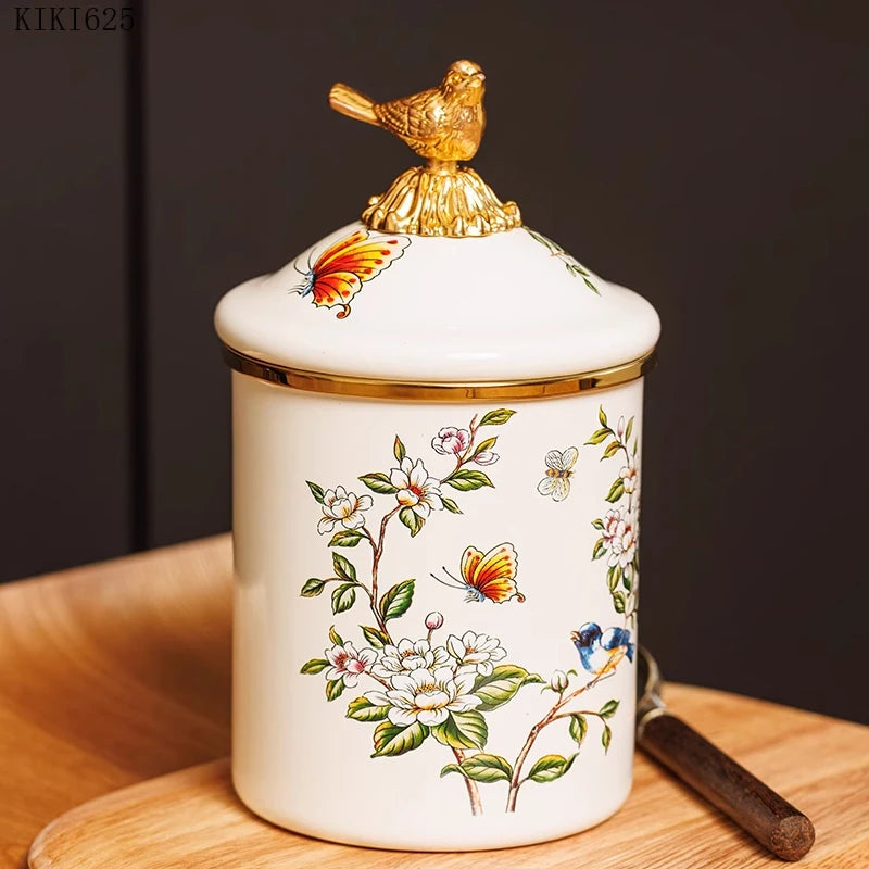 Pote Decorativo – Cerâmica Floral com Tampa Ornamental Dourada